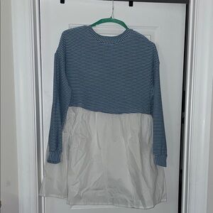 Blue Striped Knit and Cream Layered Hem Sweater